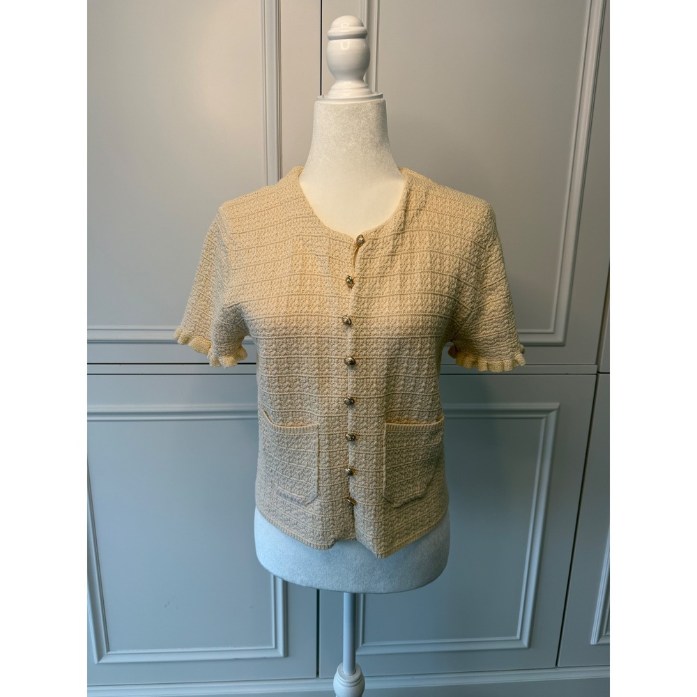 Zara Knit Cardigan Women Medium Cream New Textured Gold Button Ruffle 4192/041